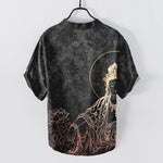 Buddha Stones Cotton Golden Buddha Lotus Pattern Men's Short Sleeve Half Button Shirt