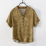 Buddha Stones Cotton Running Horse Line Pattern Men's Short Sleeve Half Button Shirt