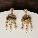 Buddha Stones Song Brocade Handcrafted Silk Art Peace Lock Pearl Protection Drop Earrings
