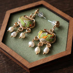 Buddha Stones Song Brocade Handcrafted Silk Art Peace Lock Pearl Protection Drop Earrings