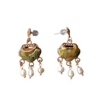 Buddha Stones Song Brocade Handcrafted Silk Art Peace Lock Pearl Protection Drop Earrings