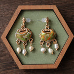Buddha Stones Song Brocade Handcrafted Silk Art Peace Lock Pearl Protection Drop Earrings