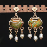 Buddha Stones Song Brocade Handcrafted Silk Art Peace Lock Pearl Protection Drop Earrings