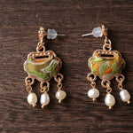 Buddha Stones Song Brocade Handcrafted Silk Art Peace Lock Pearl Protection Drop Earrings