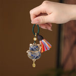 Buddha Stones Song Brocade Lucky Cat Wealth Tassel String Keychain