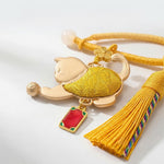 Buddha Stones Song Brocade Lucky Beckoning Cat Tassel Gift Box Keychain