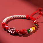 Buddha Stones Cinnabar Fu Character Gourd Fortune Hand-Woven Red String Bracelet