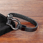Buddha Stones Leather Titanium Steel Shackle Strength Bracelet