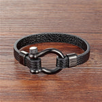 Buddha Stones Leather Titanium Steel Shackle Strength Bracelet