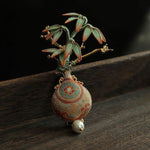 Buddha Stones Song Brocade Bamboo Leaves Vase Design Balance Brooch