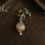 Buddha Stones Song Brocade Bamboo Leaves Vase Design Balance Brooch