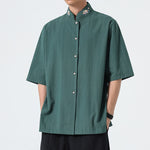 Buddha Stones Summer Tang Style Mandarin Collar Lotus Embroidery Solid Men's Shirts