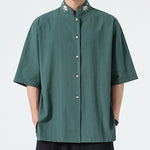Buddha Stones Summer Tang Style Mandarin Collar Lotus Embroidery Solid Men's Shirts