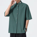 Buddha Stones Summer Tang Style Mandarin Collar Lotus Embroidery Solid Men's Shirts