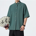 Buddha Stones Summer Tang Style Mandarin Collar Lotus Embroidery Solid Men's Shirts