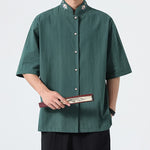 Buddha Stones Summer Tang Style Mandarin Collar Lotus Embroidery Solid Men's Shirts