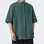 Buddha Stones Summer Tang Style Mandarin Collar Lotus Embroidery Solid Men's Shirts