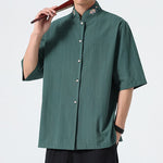 Buddha Stones Summer Tang Style Mandarin Collar Lotus Embroidery Solid Men's Shirts