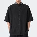 Buddha Stones Summer Tang Style Mandarin Collar Lotus Embroidery Solid Men's Shirts
