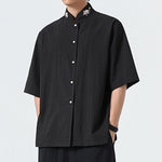 Buddha Stones Summer Tang Style Mandarin Collar Lotus Embroidery Solid Men's Shirts