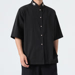 Buddha Stones Summer Tang Style Mandarin Collar Lotus Embroidery Solid Men's Shirts