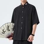 Buddha Stones Summer Tang Style Mandarin Collar Lotus Embroidery Solid Men's Shirts