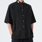 Buddha Stones Summer Tang Style Mandarin Collar Lotus Embroidery Solid Men's Shirts