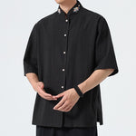 Buddha Stones Summer Tang Style Mandarin Collar Lotus Embroidery Solid Men's Shirts