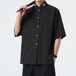 Buddha Stones Summer Tang Style Mandarin Collar Lotus Embroidery Solid Men's Shirts