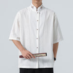 Buddha Stones Summer Tang Style Mandarin Collar Lotus Embroidery Solid Men's Shirts