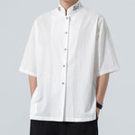 Buddha Stones Summer Tang Style Mandarin Collar Lotus Embroidery Solid Men's Shirts