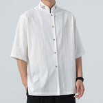 Buddha Stones Summer Tang Style Mandarin Collar Lotus Embroidery Solid Men's Shirts