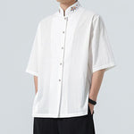 Buddha Stones Summer Tang Style Mandarin Collar Lotus Embroidery Solid Men's Shirts