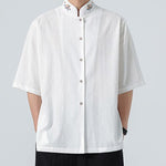 Buddha Stones Summer Tang Style Mandarin Collar Lotus Embroidery Solid Men's Shirts