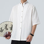 Buddha Stones Summer Tang Style Mandarin Collar Lotus Embroidery Solid Men's Shirts