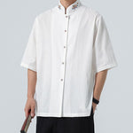 Buddha Stones Summer Tang Style Mandarin Collar Lotus Embroidery Solid Men's Shirts