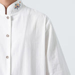 Buddha Stones Summer Tang Style Mandarin Collar Lotus Embroidery Solid Men's Shirts