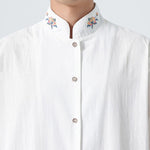 Buddha Stones Summer Tang Style Mandarin Collar Lotus Embroidery Solid Men's Shirts