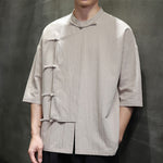 Buddha Stones Summer Tang Style Mandarin Collar Frog Button Solid Short Sleeve Men's Shirts