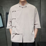 Buddha Stones Summer Tang Style Mandarin Collar Frog Button Solid Short Sleeve Men's Shirts