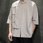 Buddha Stones Summer Tang Style Mandarin Collar Frog Button Solid Short Sleeve Men's Shirts