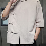 Buddha Stones Summer Tang Style Mandarin Collar Frog Button Solid Short Sleeve Men's Shirts