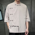 Buddha Stones Summer Tang Style Mandarin Collar Frog Button Solid Short Sleeve Men's Shirts