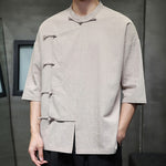 Buddha Stones Summer Tang Style Mandarin Collar Frog Button Solid Short Sleeve Men's Shirts