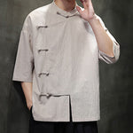 Buddha Stones Summer Tang Style Mandarin Collar Frog Button Solid Short Sleeve Men's Shirts