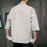 Buddha Stones Summer Tang Style Mandarin Collar Frog Button Solid Short Sleeve Men's Shirts