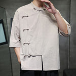 Buddha Stones Summer Tang Style Mandarin Collar Frog Button Solid Short Sleeve Men's Shirts
