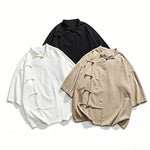 Buddha Stones Summer Tang Style Mandarin Collar Frog Button Solid Short Sleeve Men's Shirts