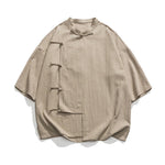 Buddha Stones Summer Tang Style Mandarin Collar Frog Button Solid Short Sleeve Men's Shirts