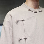 Buddha Stones Summer Tang Style Mandarin Collar Frog Button Solid Short Sleeve Men's Shirts